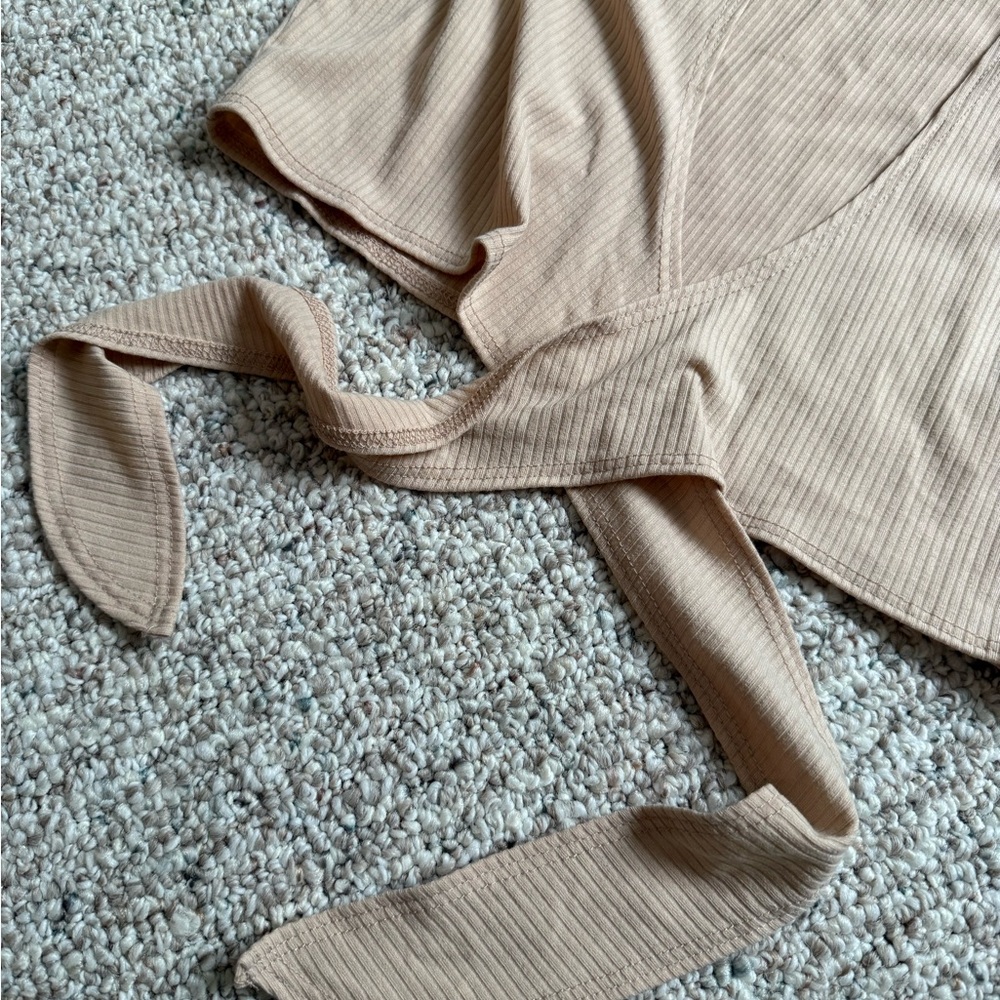 Beige Ribbed Tie-Front Top - Picture 3 of 3